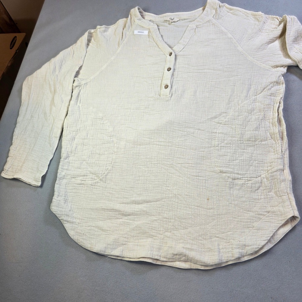 Easel Los Angeles Cream Cotton Gauze Henley Top Long Sleeve Boho Blouse Small